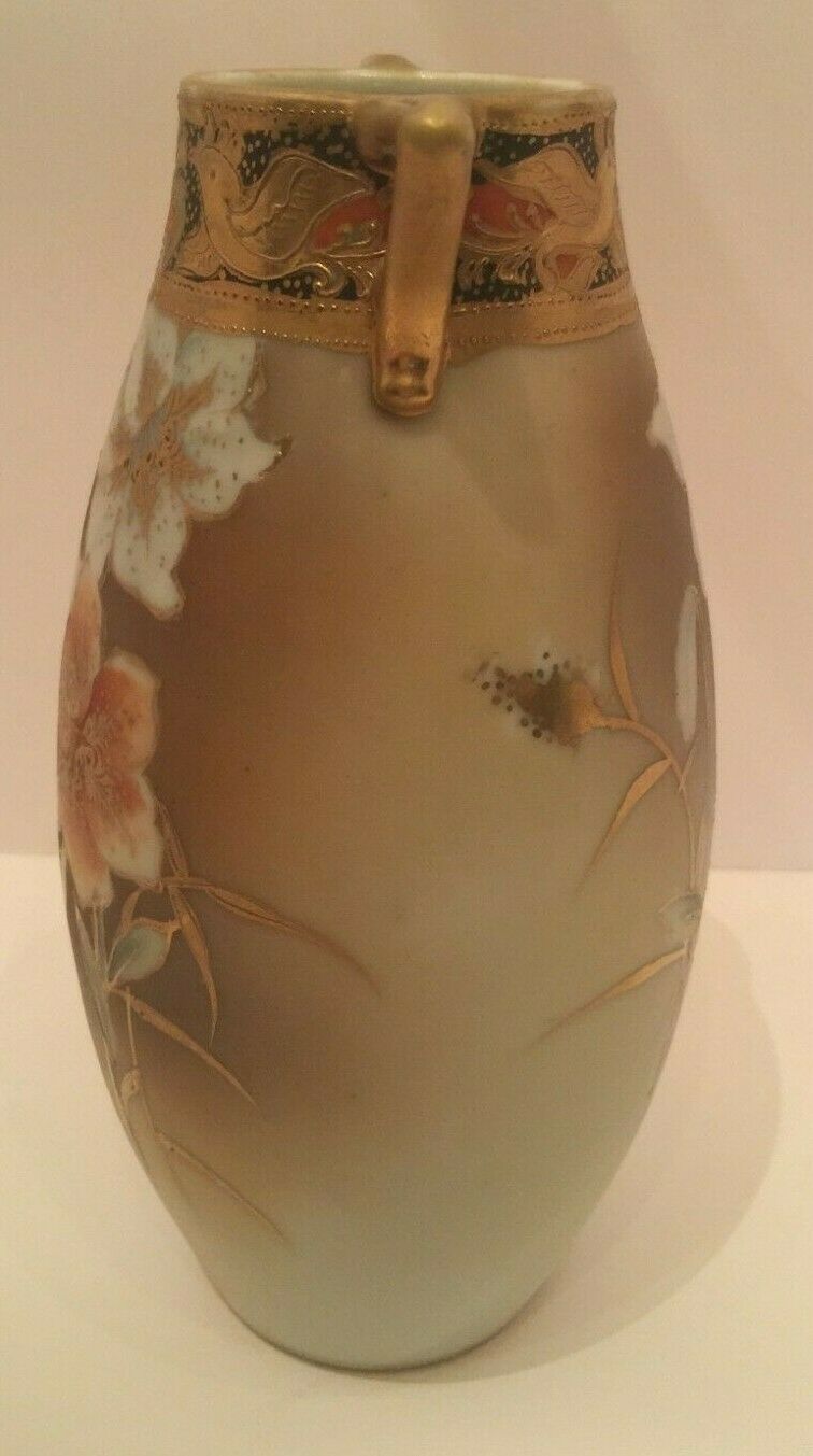 Antique Nippon Handled Hand Painted Brown Tiger Lilly Encrusted Porcelain Vase