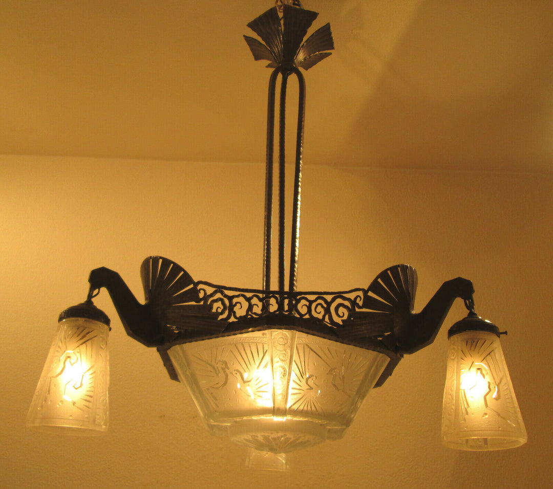 STUNNING FRENCH ART DECO CHANDELIER 1925-PEACOCKS-BY MULLER FRERES LUNEVILLE