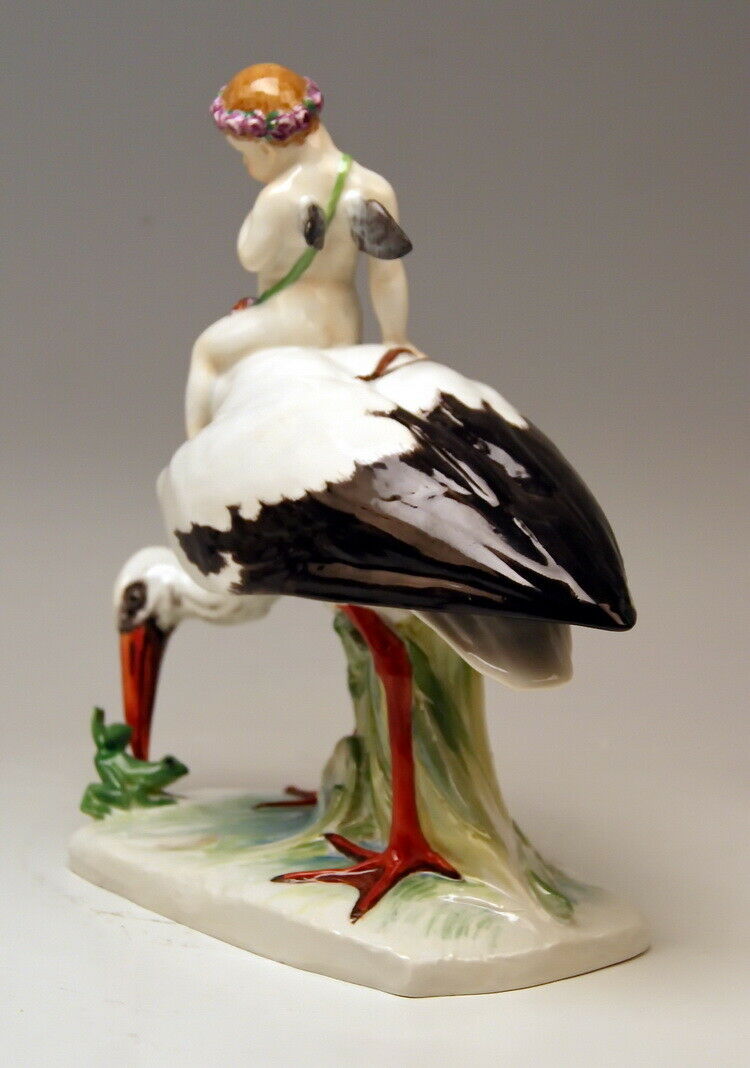 MEISSEN マイセン FIGUR STORCH FROSCH AMORETTE M. WIEGAND STORK FROG CUPID MNR:Y171