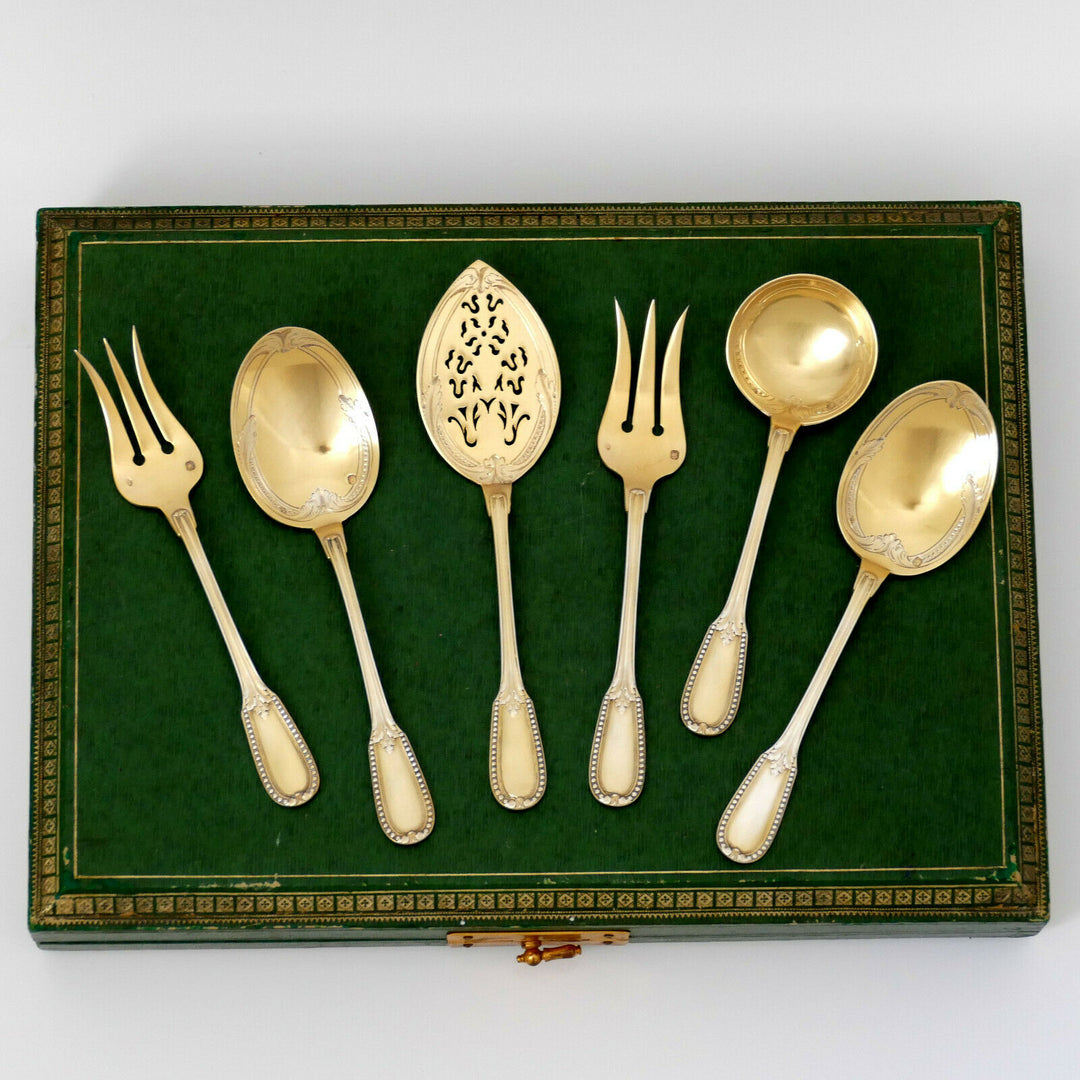 Puiforcat French Sterling Silver 18k Gold Dessert Hors D'oeuvre Set 6 Pc, Box