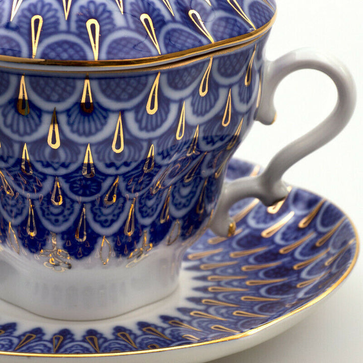 Flakes Teacup w/ Saucer & Lid by Imperial Porcelain Russian Lomonosov LFZ