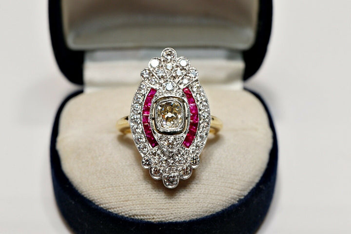 アールデコスタイル 18K ナチュラルダイヤモンドとルビーのナヴェットリング