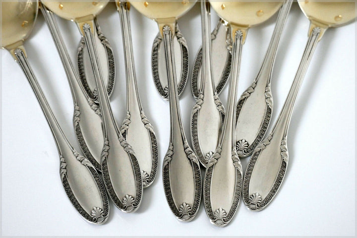 Puiforcat French Sterling Silver 18k Gold Ice Cream Spoons set 12 pc Palmette