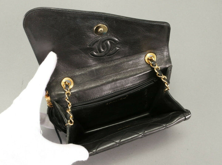 AUTH CHANEL BLACK CLASSIC LAMBSKIN SHOULDER BAG