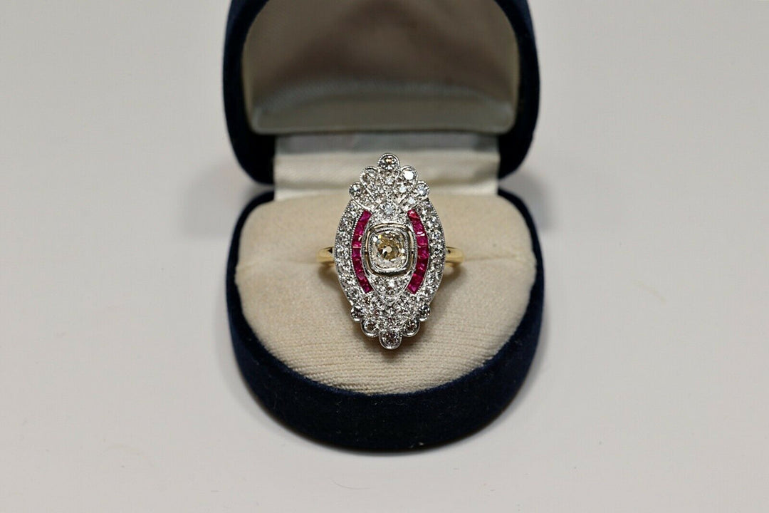 アールデコスタイル 18K ナチュラルダイヤモンドとルビーのナヴェットリング