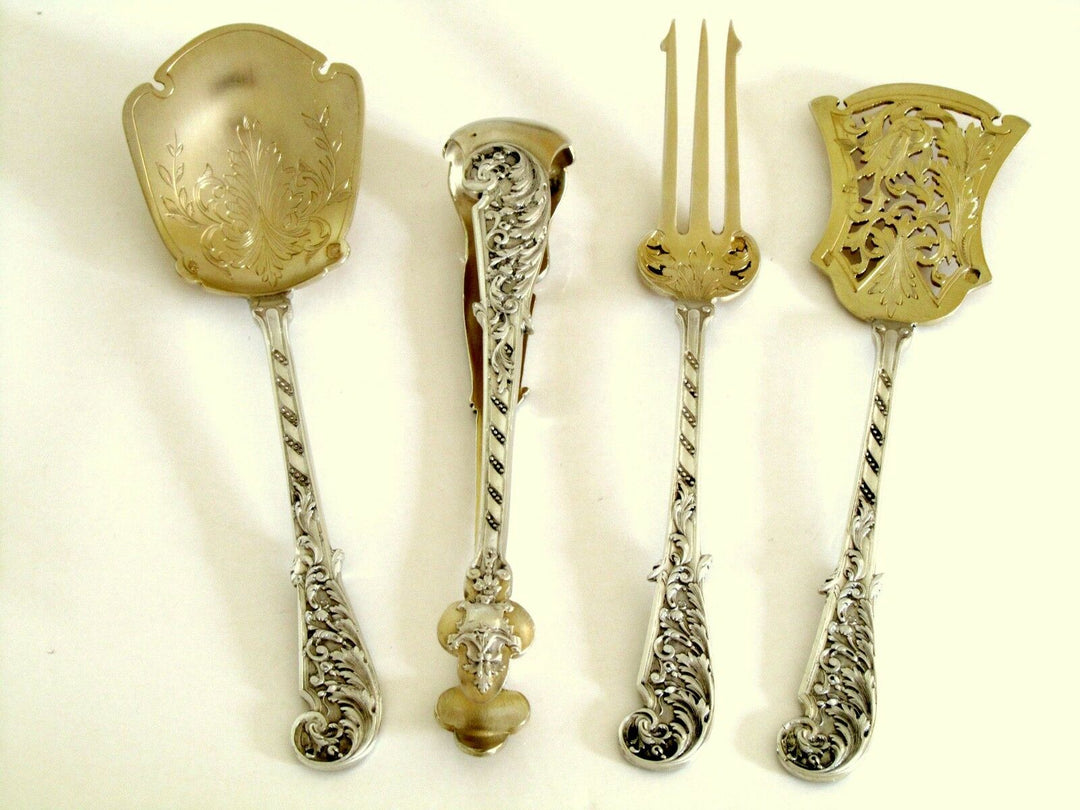 Soufflot French Sterling Silver 18K Gold Dessert Hors D'oeuvre Set 4 pc w/box