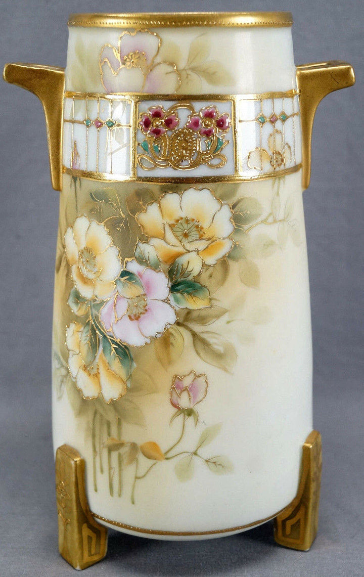 Nippon Morimura Hand Painted Pink & Yellow Wild Roses Vase Circa 1911 - 21