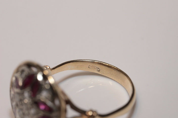 アンティーク 14K ヴィクトリアン ナチュラルローズカットダイヤモンドとルビーのリング