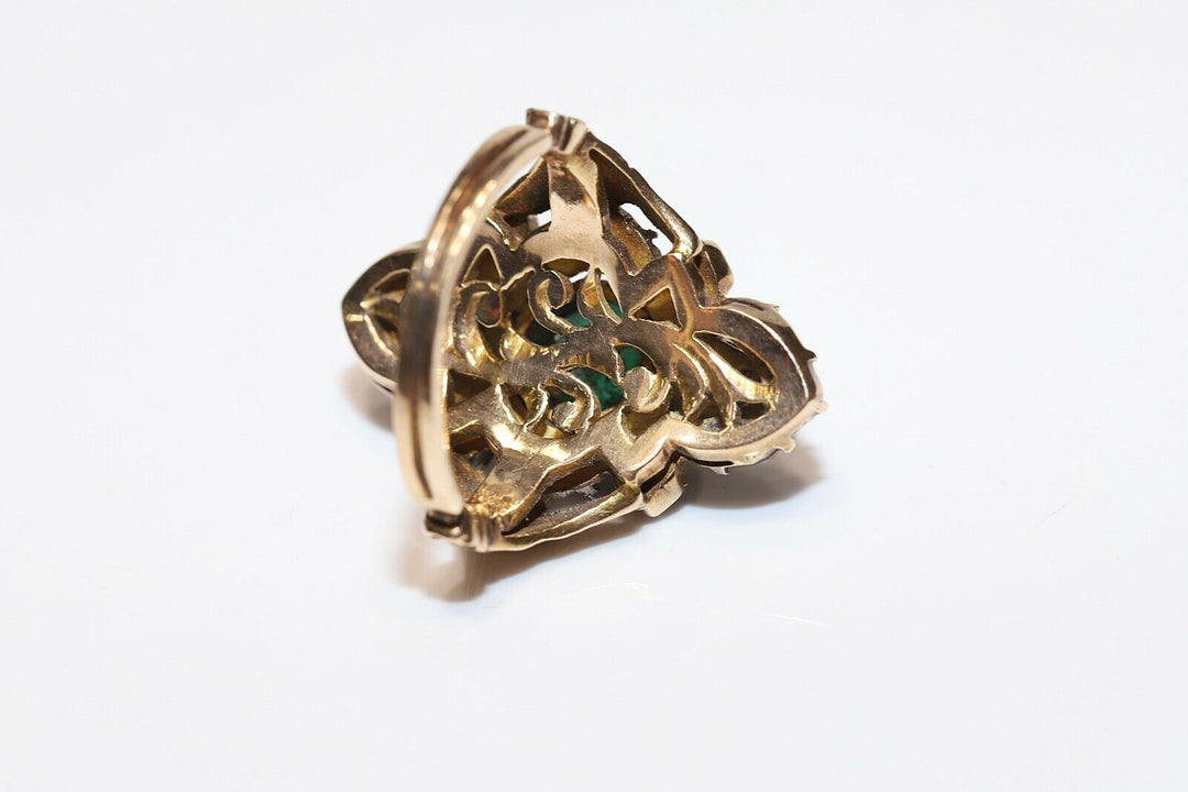 ヴィンテージ 14K ナチュラルローズカットダイヤモンドとエメラルドのリング