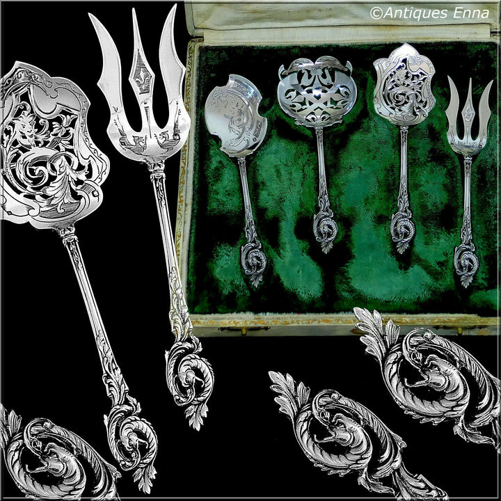 Canaux Masterpiece French Sterling Silver Dessert Set 4 Pc, Dragon, Box