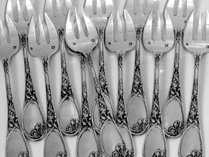 Puiforcat Fabulous French All Sterling Silver Oyster Forks 12 pc Iris Pattern