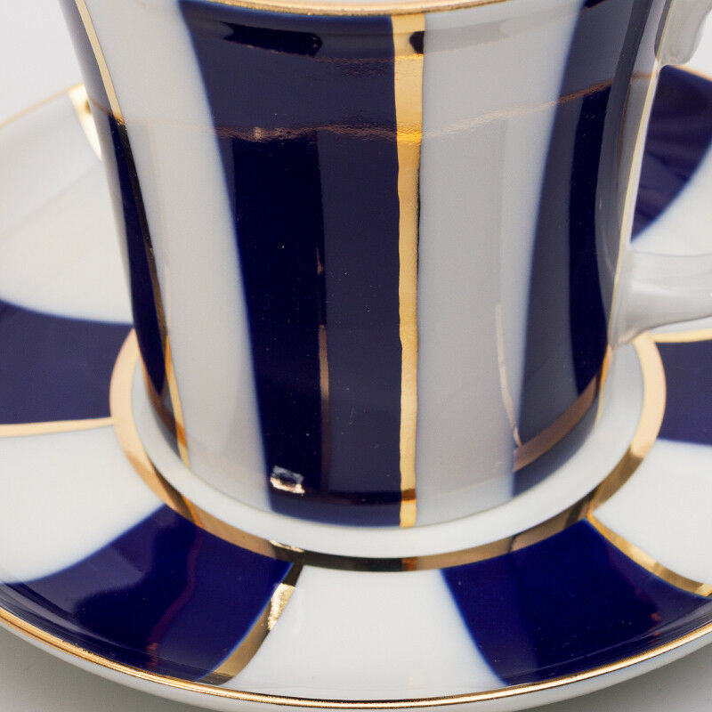 Cobalt Stripes Mug & Saucer Lomonosov Russian Imperial Porcelain Teacup 12 fl oz