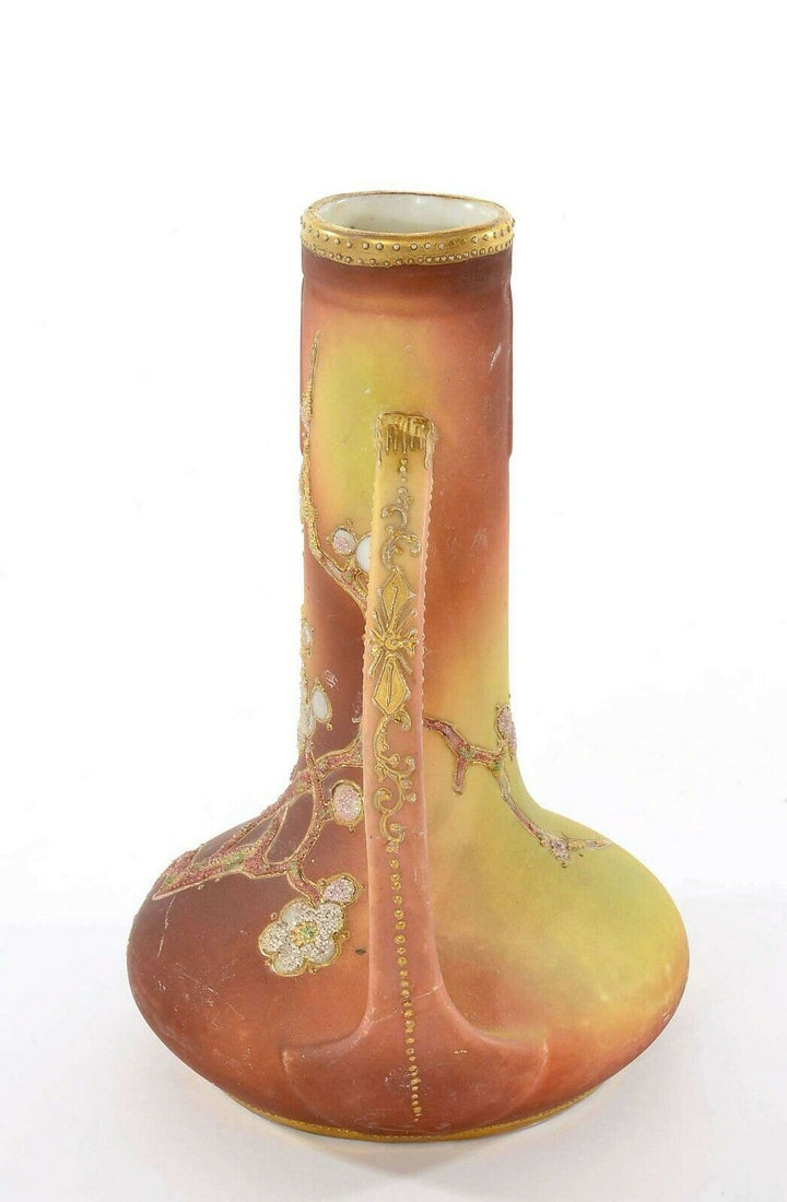 Japanese Nippon Porcelain Coralene Bead Handle Vase Plum Blossom Mk - AS IS