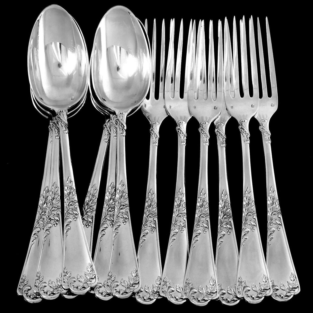 Puiforcat French Sterling Silver Dinner Flatware Set 12 Pc Foliage
