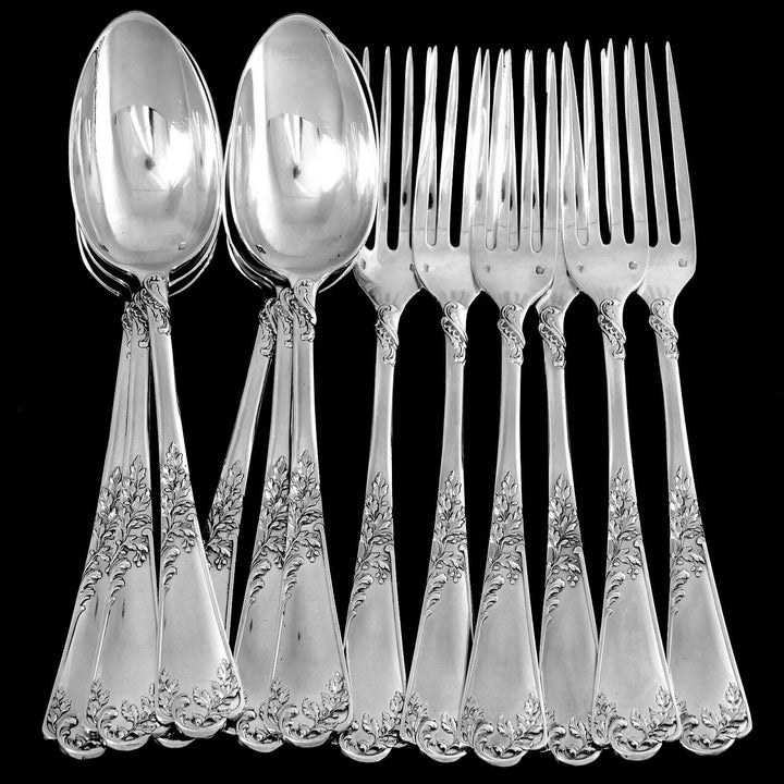Puiforcat French Sterling Silver Dinner Flatware Set 12 Pc Foliage
