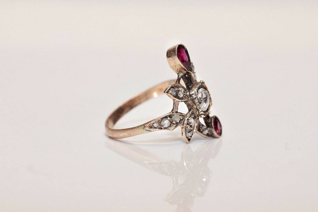 アンティーク 8K ナチュラルローズカットダイヤモンドとルビーのオスマンリング