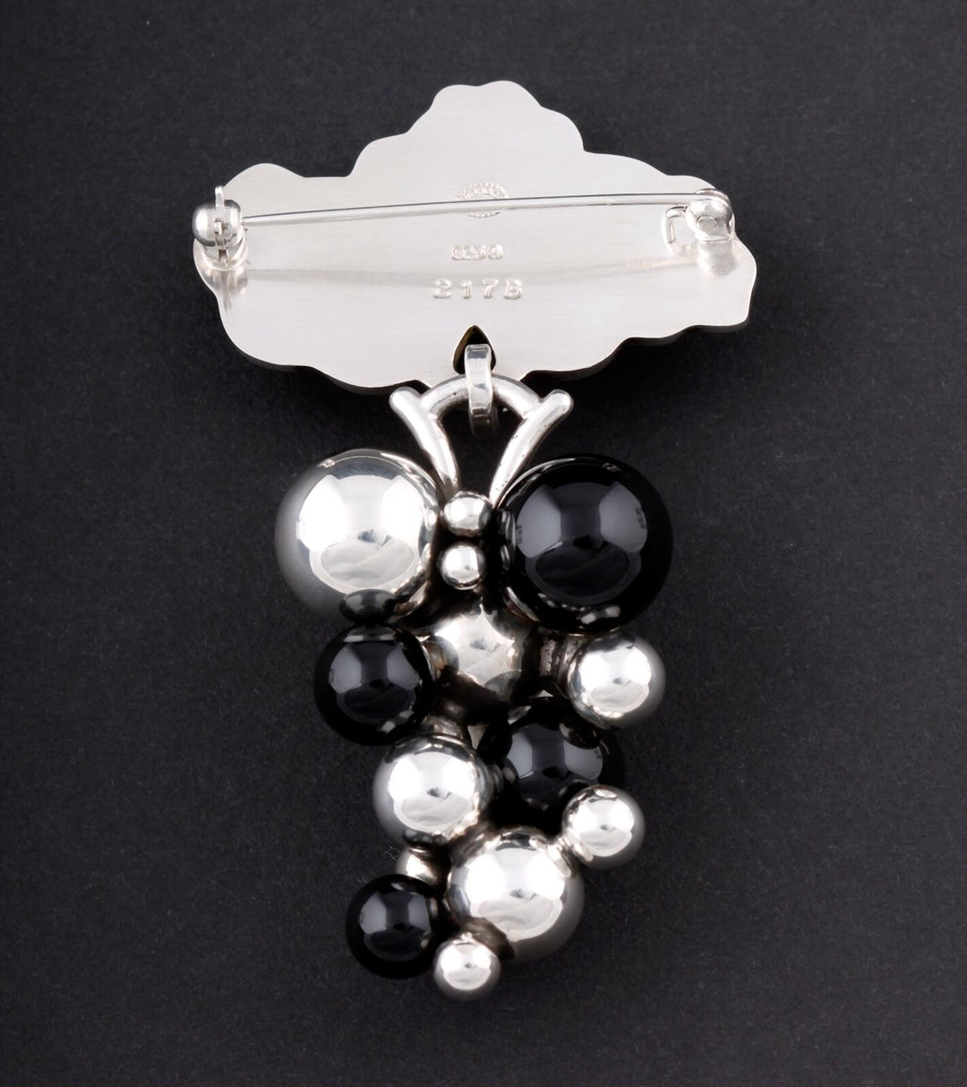 Georg Jensen Sterling Silver Grape Brooch # 217 B. w. Black Agate, NEW!