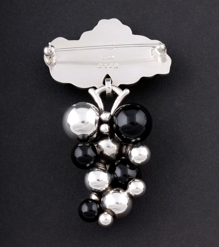 Georg Jensen Sterling Silver Grape Brooch # 217 B. w. Black Agate, NEW!