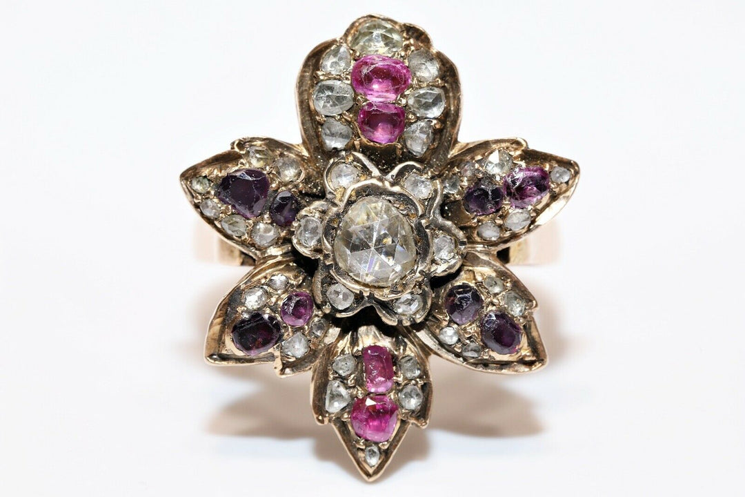アンティーク ヴィクトリアン 14K ナチュラルローズカットダイヤモンド、ルビー、アメシストのリング