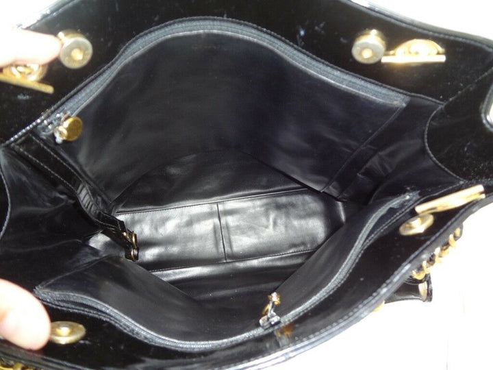 AUTH CHANEL BLACK PATENT SHOULDER TOTE BAG
