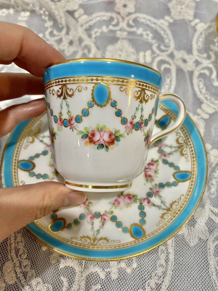 Minton Hand Painted Turquoise Rose Gold Enamel Tea Cup Saucer Set