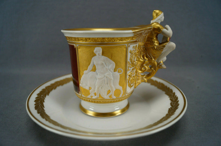 KPM Berlin Hand Painted WWI Wilhelm II Portrait Figural Wing Handle Cup & Saucer