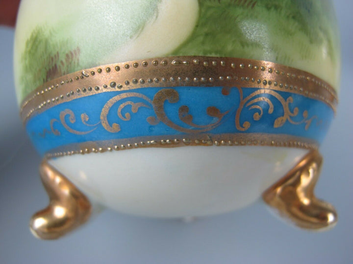 Pair of superb antique vtg Noritake rotund Vases / Urns. Hand painted blue c1910