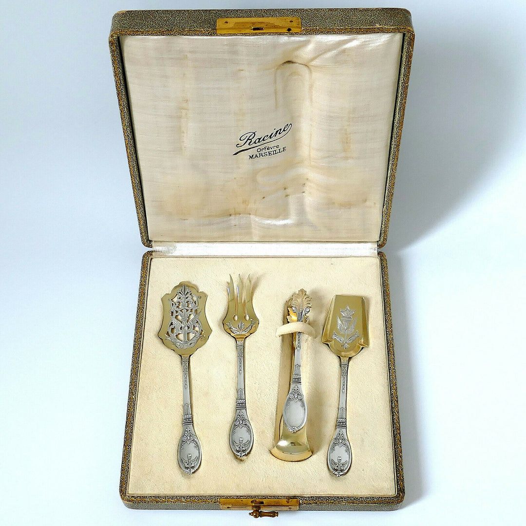 Lapparra French Sterling Silver 18k Gold Dessert Set 4 Pc, Original Box, Empire