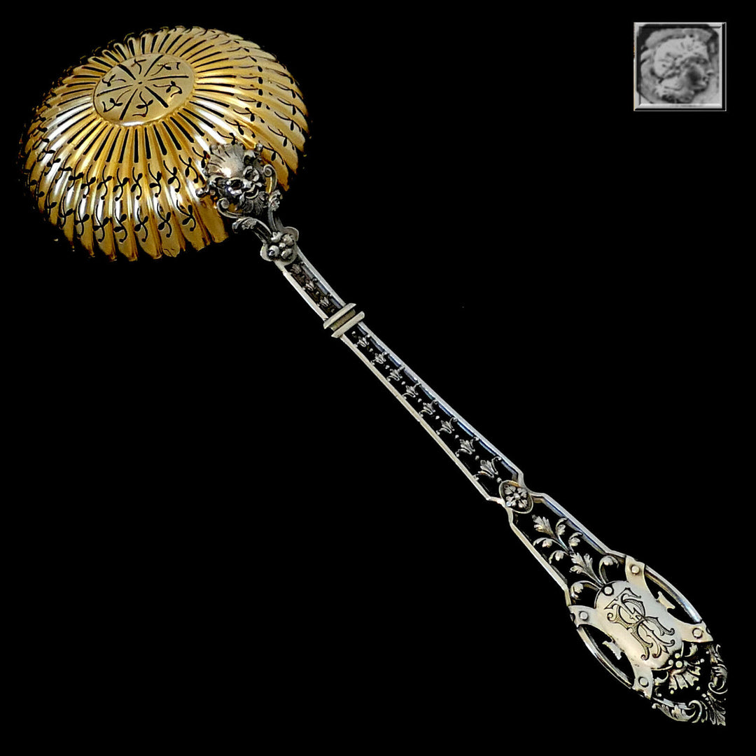 Puiforcat French Sterling Silver Sugar Sifter Spoon & Sugar Tongs, Box, Mascaron
