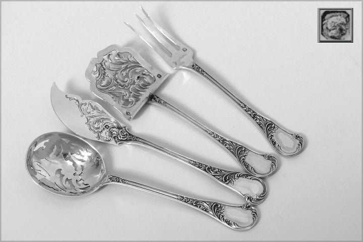 Queille French All Sterling Silver Dessert Hors D'oeuvre Set 4 pc w/box Rococo