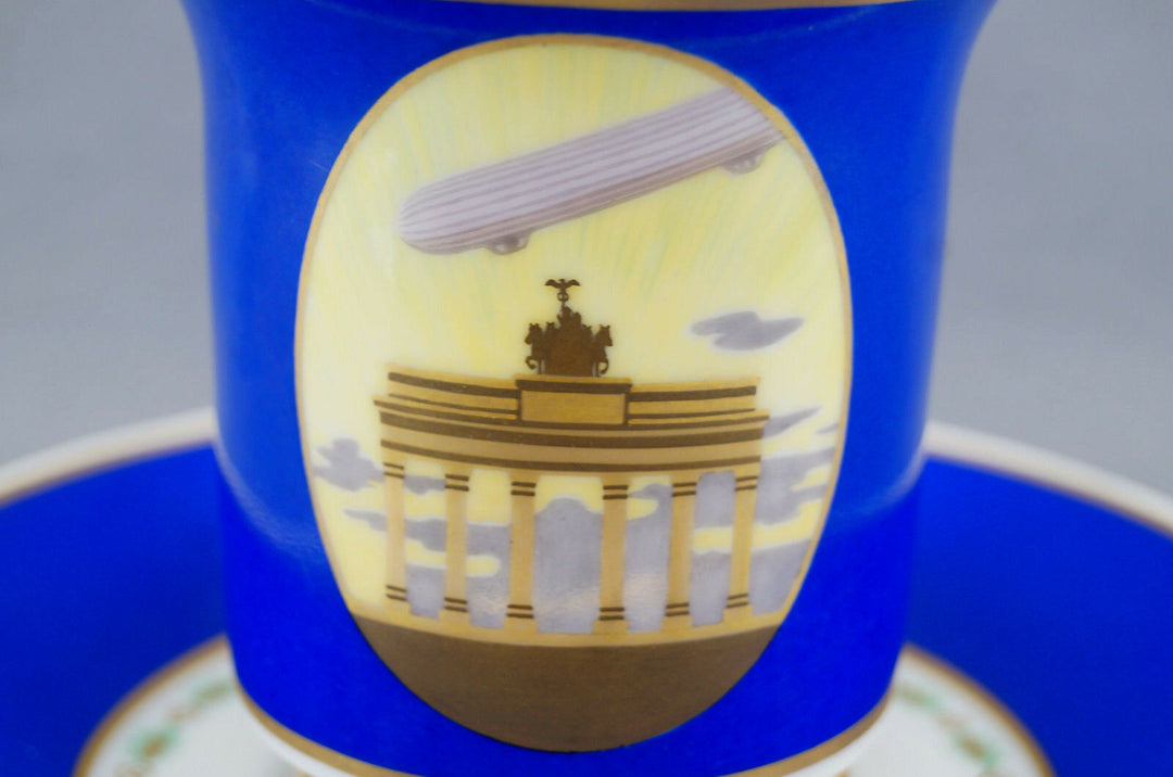 KPM Berlin WWI Brandenburg Gate & Zeppelin Cobalt Empire Cabinet Cup & Saucer