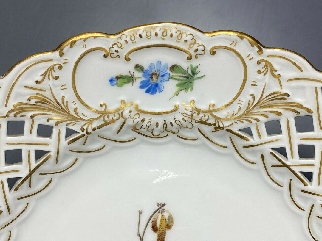 MEISSEN DURCHBRUCHTELLER TELLER VOGELMALEREI VOGEL AUF AST BLUMEN INSEKT D:21cm