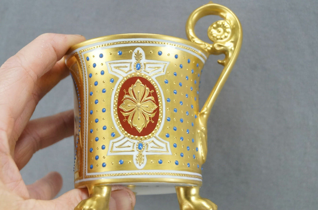 Dresden Hand Painted Wilhelm I Portrait Gold & Jeweled Empire Form Cup & Saucer