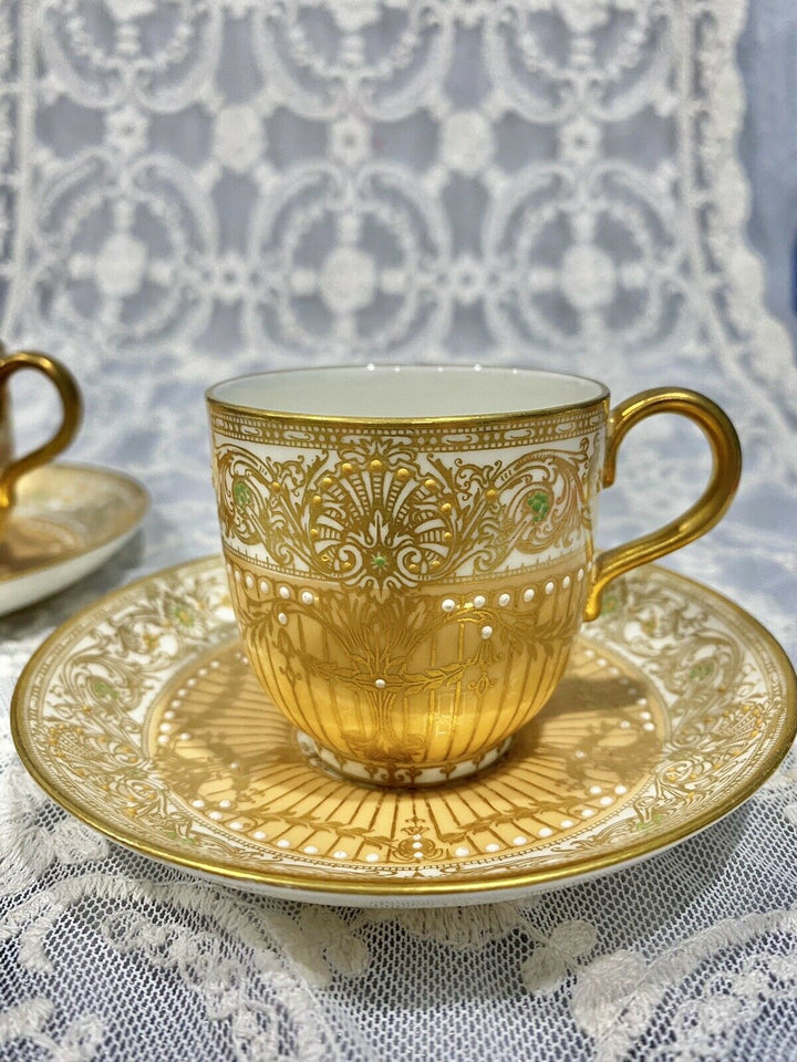 Antique ROYAL WORCESTER Porcelain Cup Saucer Set Enamel JEWELS Gold