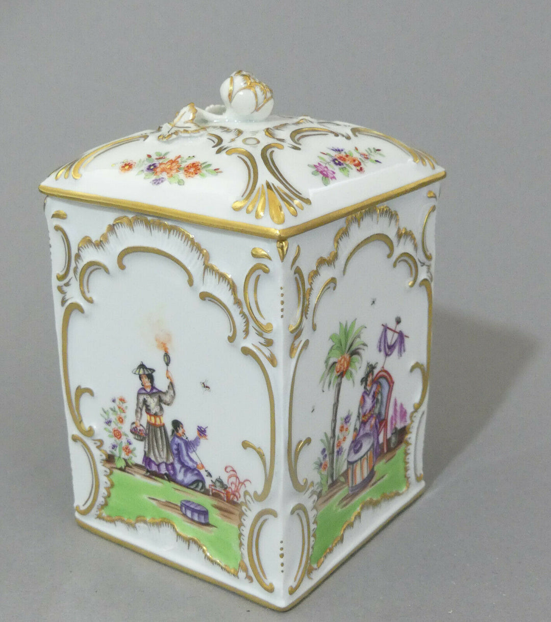  ⚔ Meissen quadr. Teedose Hoeroldt Chinoiserien H.14cm 1.Wahl TOP Pfeifferzeit