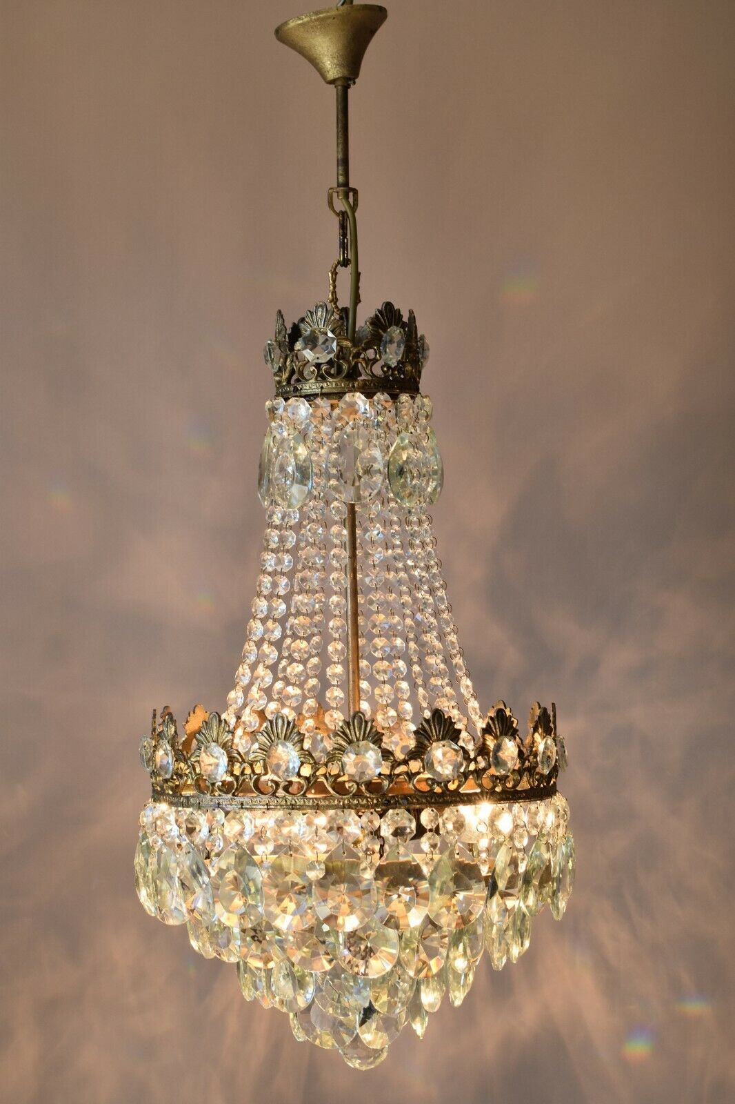 Original Vintage Crystal Chandelier, Antique Lighting, 1950s Pendant, Light,Lamp