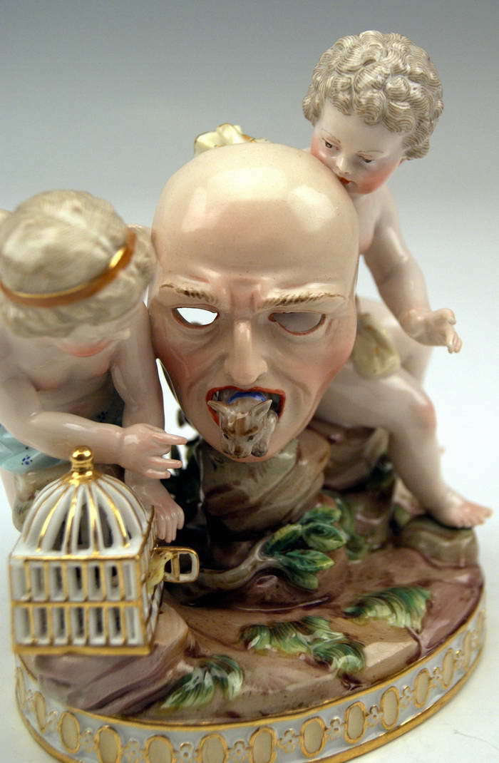 MEISSEN RARITÄT FIGUR GRUPPE PUTTEN VOGELKÄFIG MASKE CHERUBS MNR: H88 UM 1870
