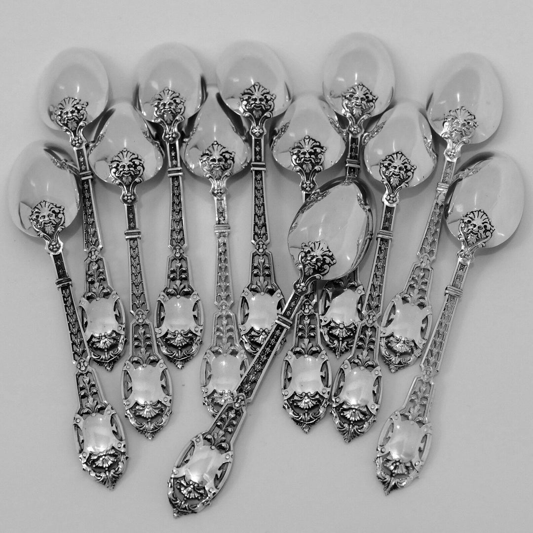 Puiforcat Masterpiece French Sterling Silver 18k Gold Dessert Set 15 pc Mascaron