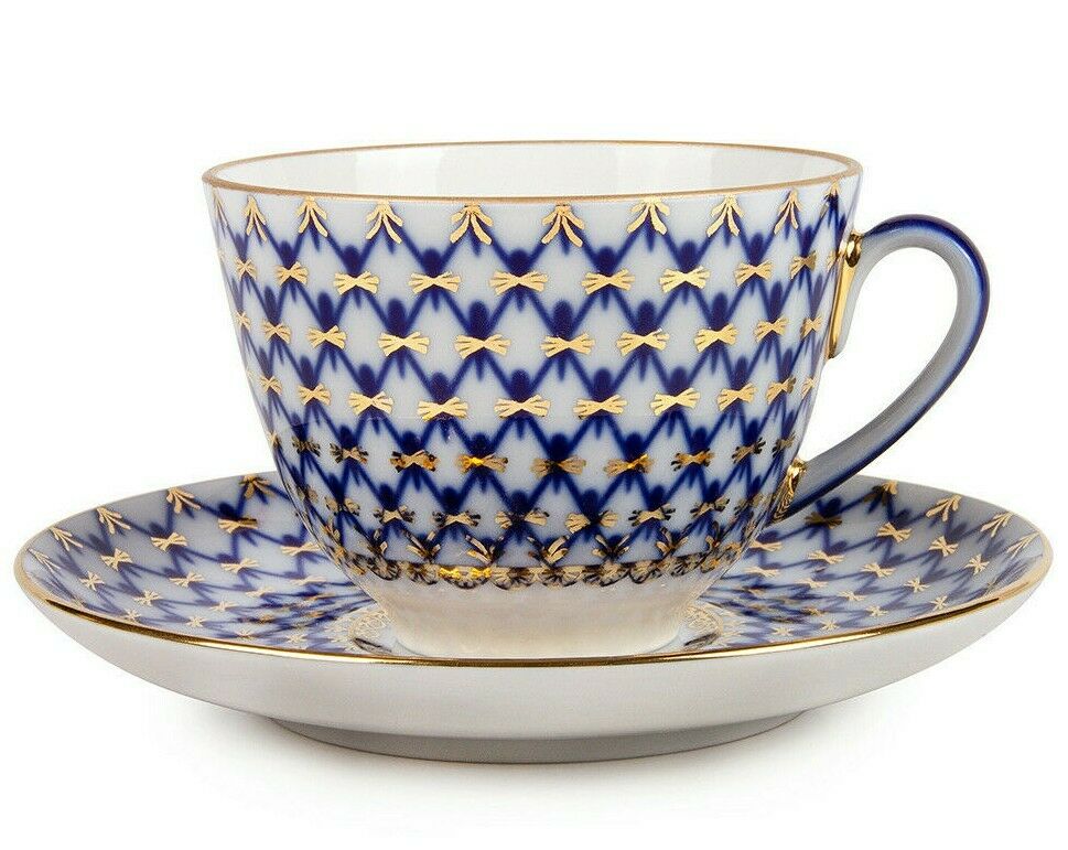 Cobalt Net Porcelain Teacup and Saucer, Imperial Porcelain Russia, 230 ml LFZ