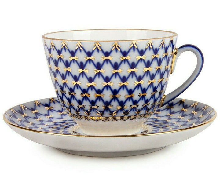 Cobalt Net Porcelain Teacup and Saucer, Imperial Porcelain Russia, 230 ml LFZ