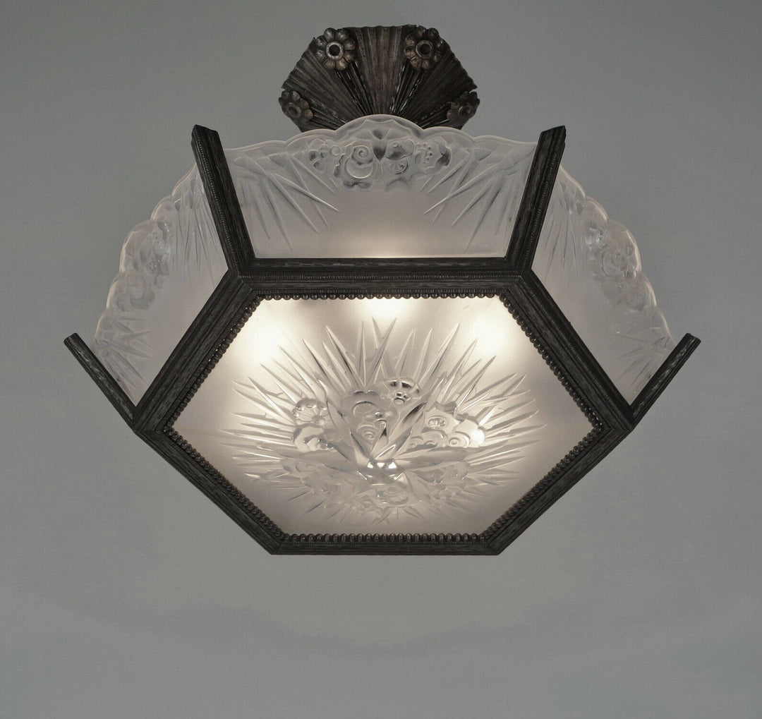 DAUM LORRAIN : FRENCH ART DECO CHANDELIER 1930 wrought iron lustre muller era