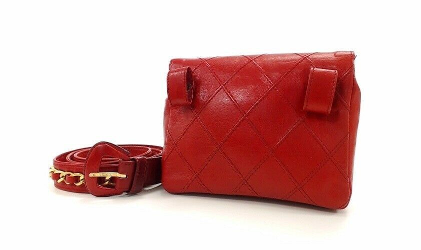 Auth CHANEL Quilted CC Chain Belt Waist Bum Bag Red Leather