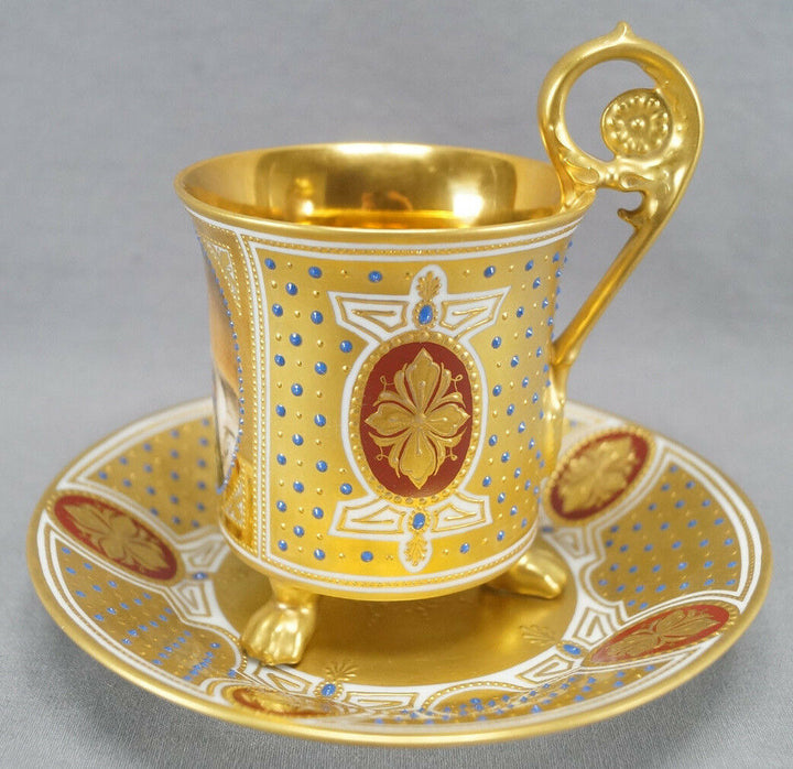 Dresden Hand Painted Wilhelm I Portrait Gold & Jeweled Empire Form Cup & Saucer