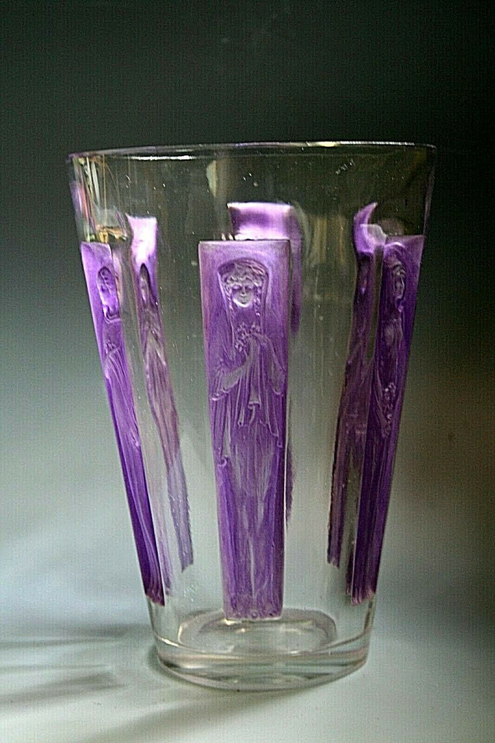 RENE LALIQUE " SIX FIGURINES " GLASS VASE WITH PURPLE PATINA