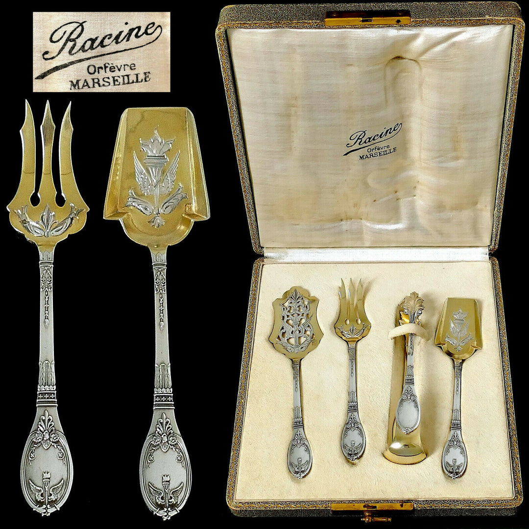 Lapparra French Sterling Silver 18k Gold Dessert Set 4 Pc, Original Box, Empire