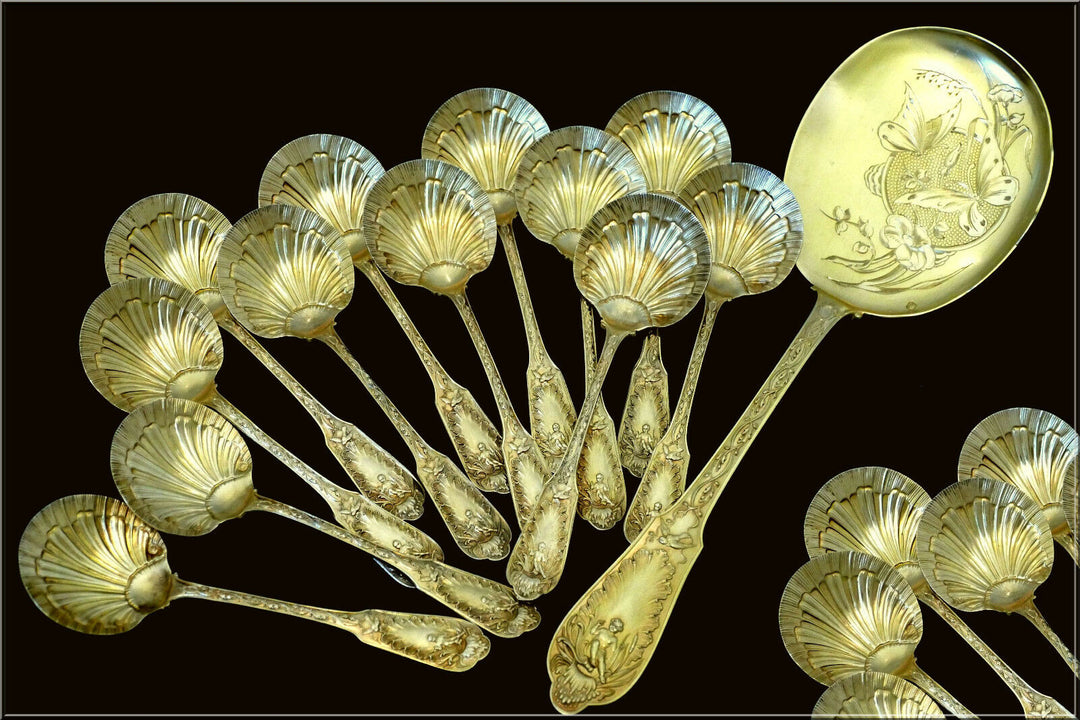 Puiforcat Masterpiece French Sterling Silver 18k Gold Ice Cream Set w/box Putti