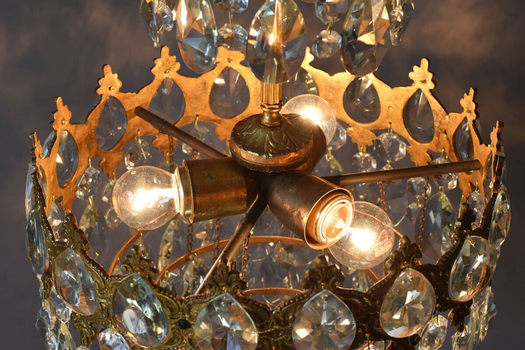 Brass Vintage Crystal Chandelier, Antique Lighting Bridal Lamp French Lustre