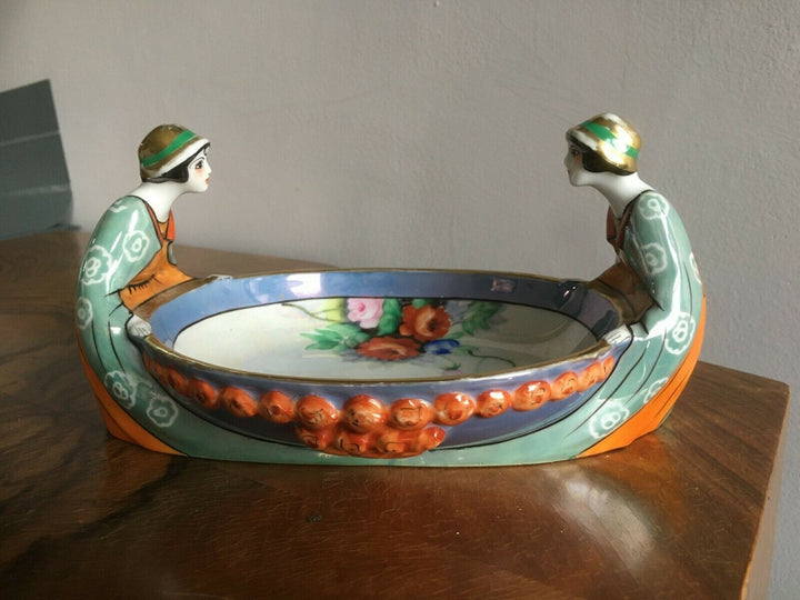 Rare art deco 1930s Noritake Two Sisters Flapper Girls porcelain bowl Green mark