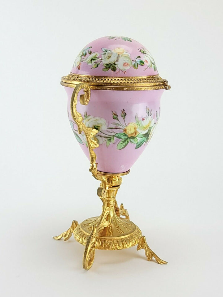 Antique French Sevres Porcelain Box Egg Style Gilt Bronze