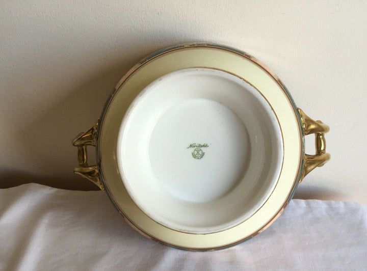 Vintage Art Deco Noritake Porcelain Flowers & Gold Gilded 2 Handled Footed Bowl